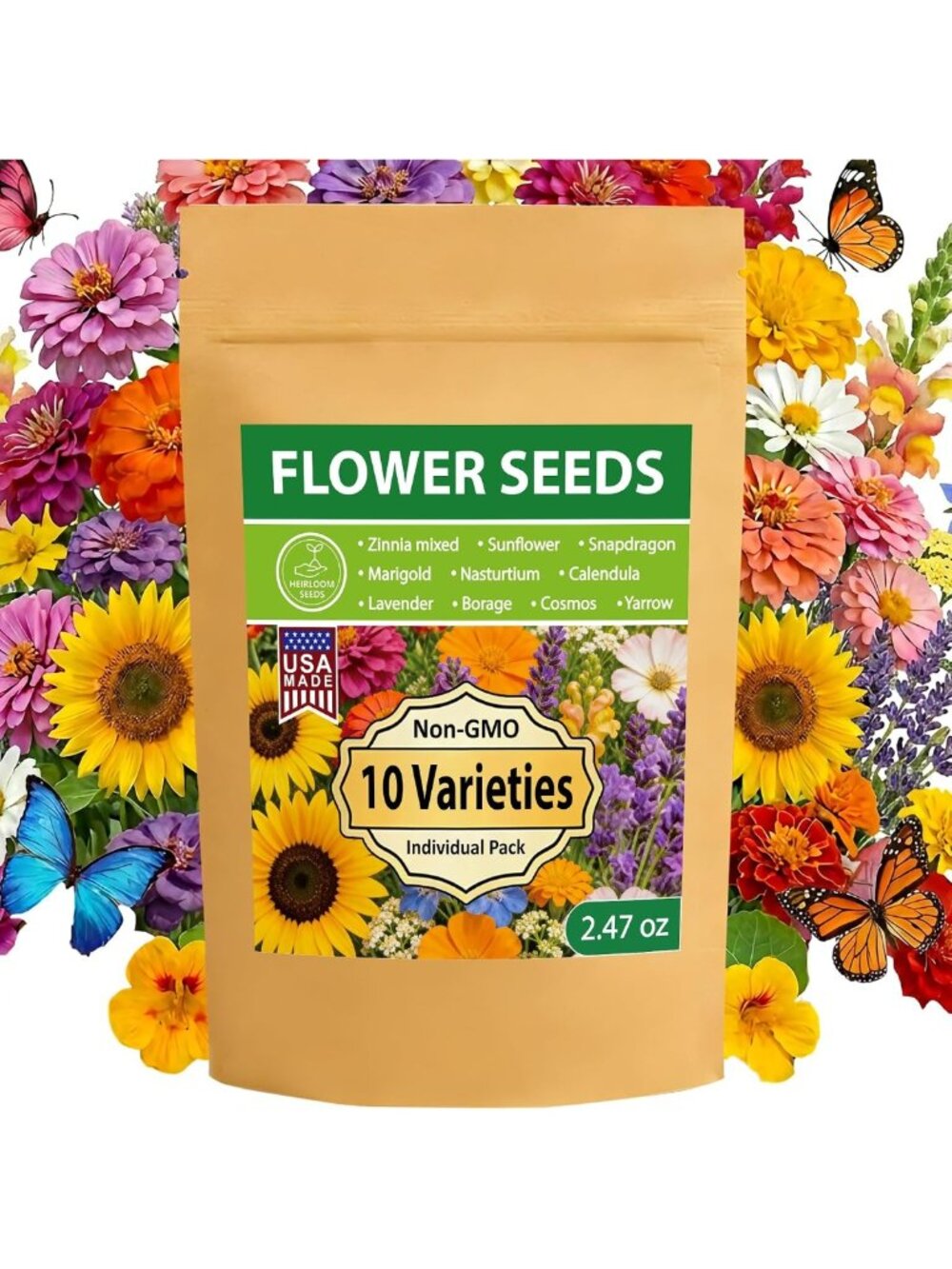 10 Flower Seed Varieties - Non-GMO Indoor/Outdoor Packs, Zinnia, Sunflower